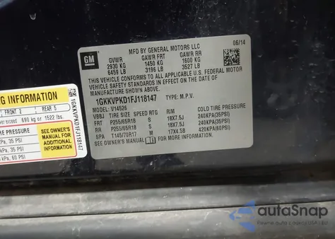 2015 GMC Acadia Sle-2 z USA, uszkodzony, nr VIN 1GKKVPKD1FJ118147